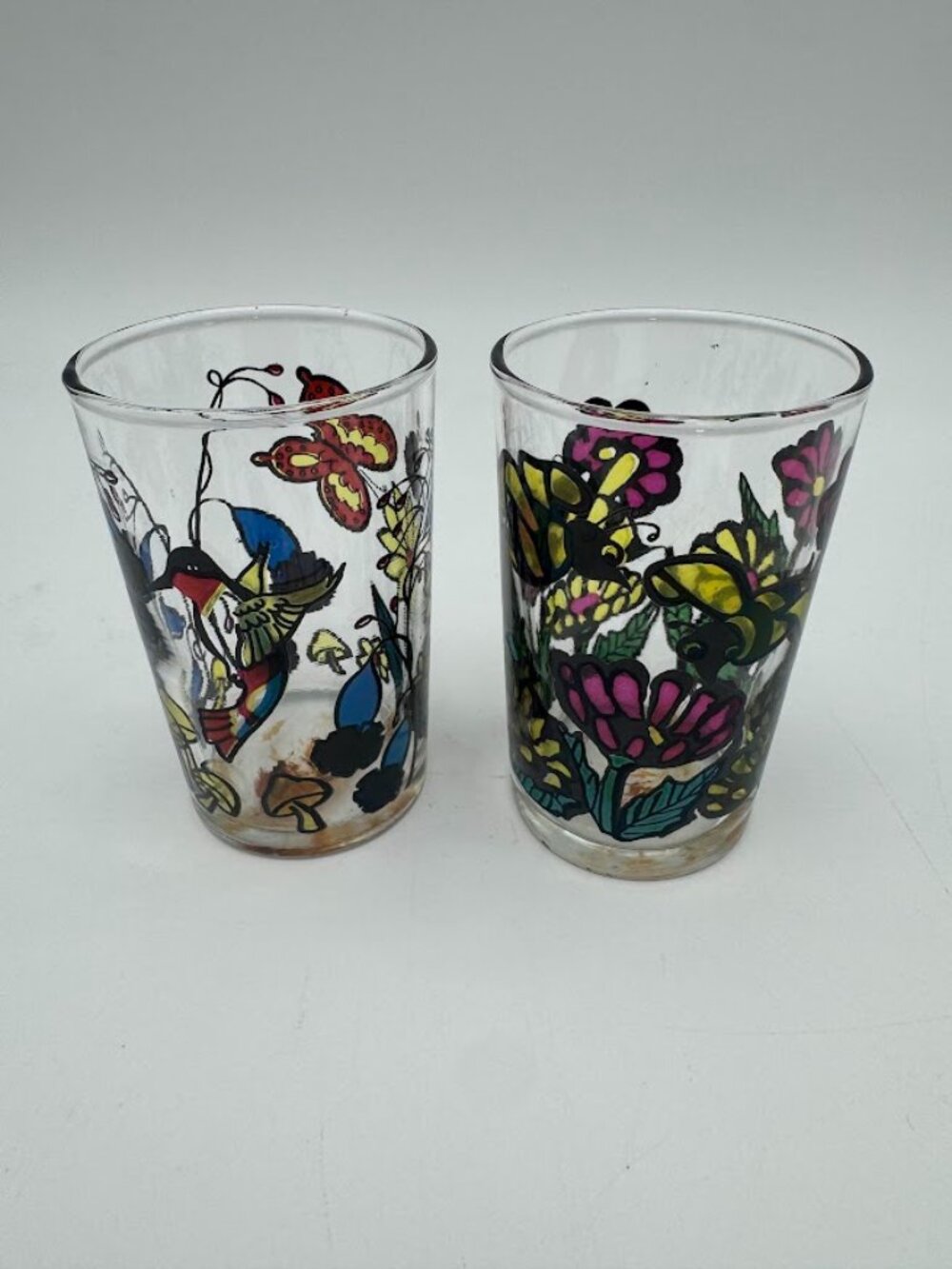 Vintage Retro Stained Glass Hummingbird Tealight Candle Holder Glasses Set 2